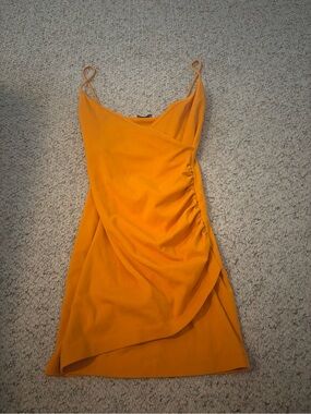 Zara Mustard Yellow Ruched Spaghetti Strap Mini Dress